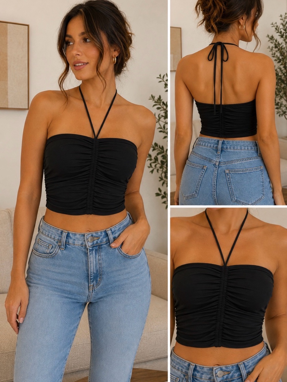 Susana Monaco Black Ruched Halter Tube Top
